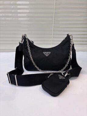 Prada Re-Edition 2005 Nylon Shoulder Bag with Pouch - Black Silver Hardware